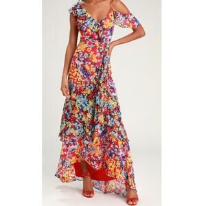 Lulus Ruby Red Floral Print Chiffon Maxi Dress XS Wedding Feminine Date Night